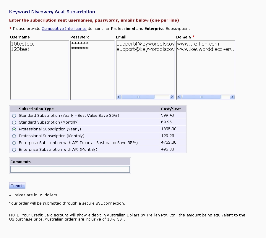 Keyword Discovery Seat Subscription Page