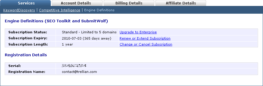 Account Management - SEO Toolkit / SubmitWolf Engine Definitions