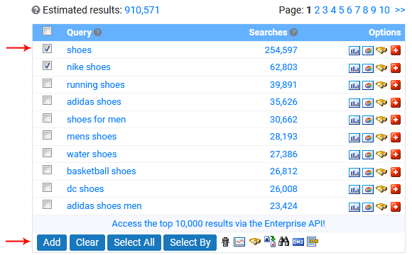 Selecting keywords to add