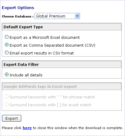 Industry Terms Export Options