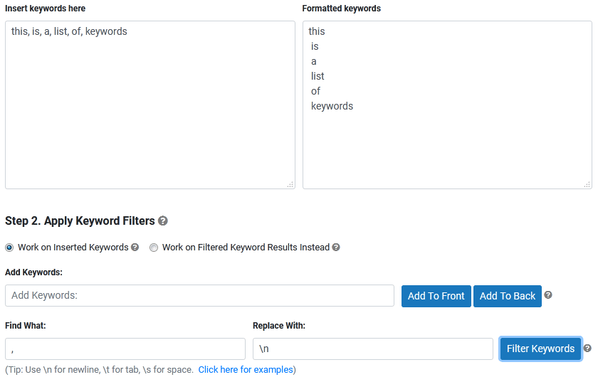 Keyword Manager Tool - Convert spaces/commas/tabs to spaces/commas/tabs